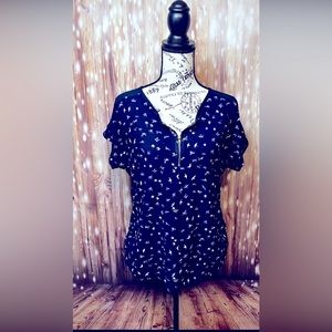 Tutta Bella Maternity Zip Front Blouse Bird Pattern Blue